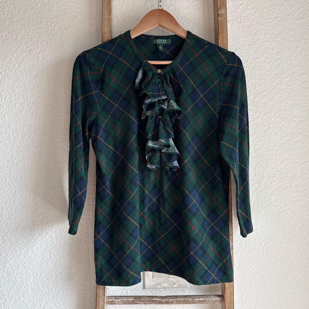 Ralph Lauren Plaid Ruffle Front 3/4” Sleeve Top Sz: XL